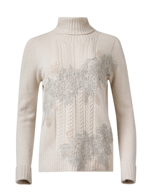Beige Lace Applique Turtleneck Sweater Halsbrook