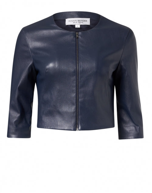 Navy Stretch Leather Cropped Jacket