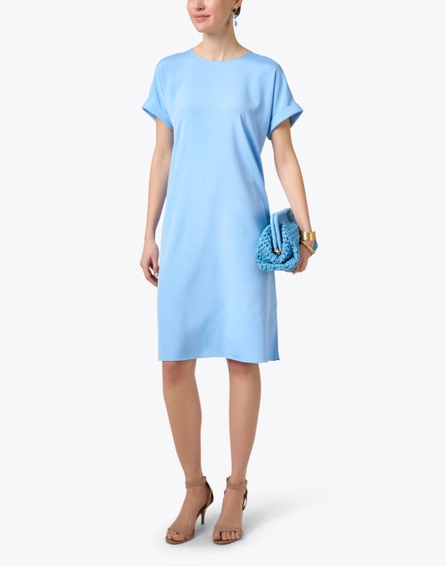 Blue silk shift dress sales