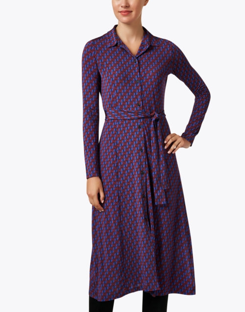 Red and Blue Geometric Print Shirt Dress Halsbrook